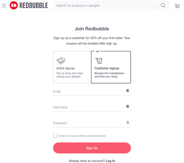 RedBubble(レッドバブル)ユーザー登録